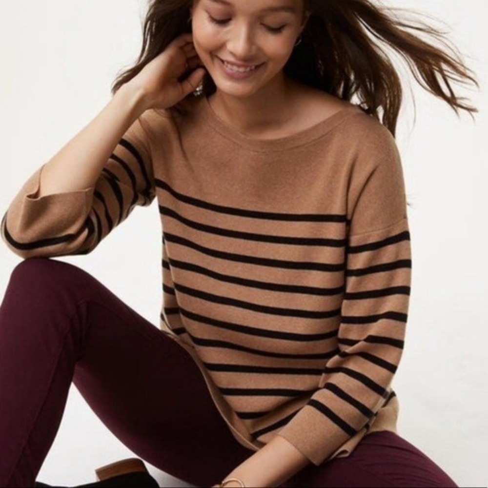 LOFT Sweater Womens Small Tan Black Stripe Cotton Knit 3/4 Sleeve Crewneck Top